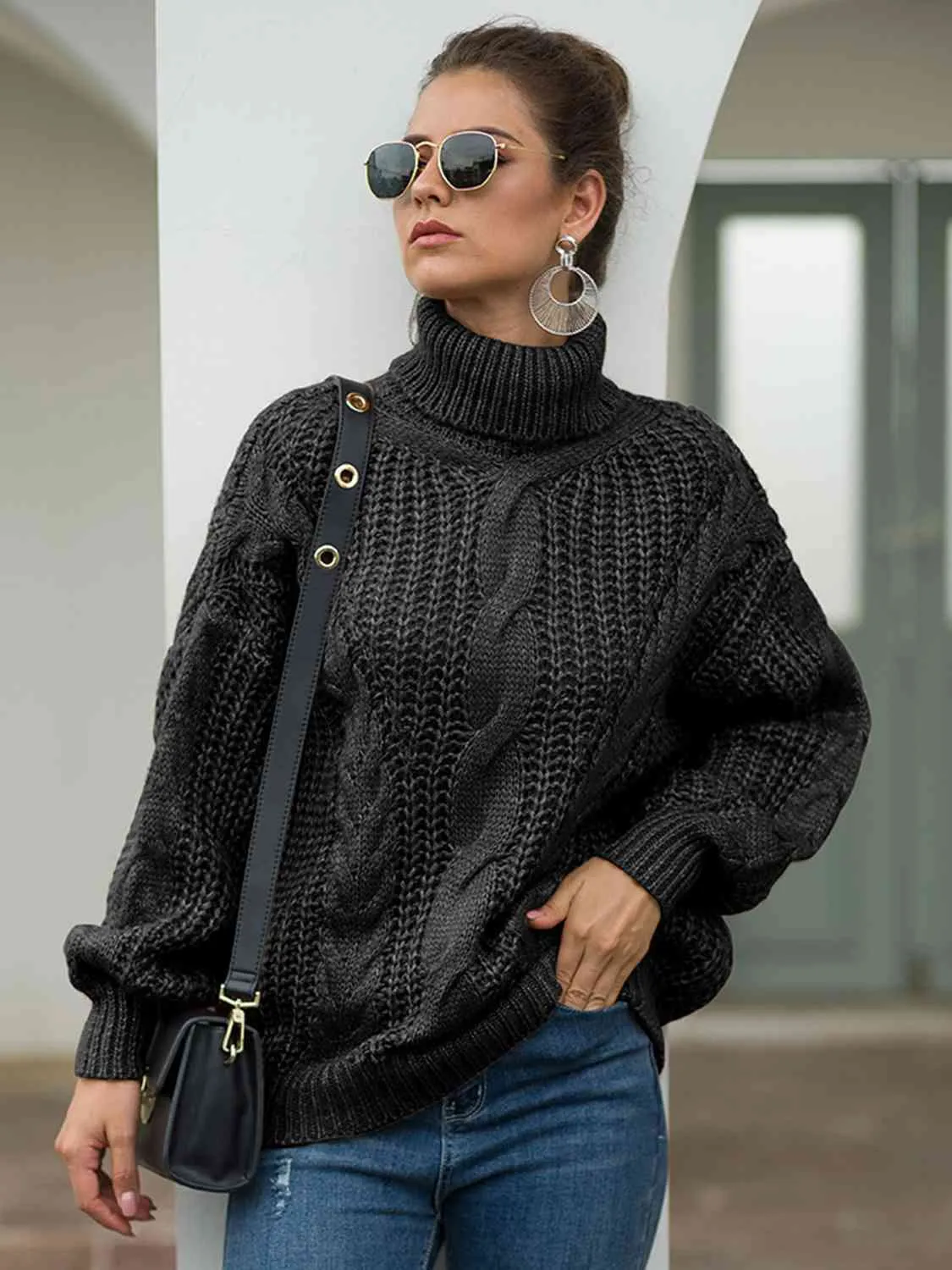 Turtleneck Cable-Knit Dropped Shoulder Sweater