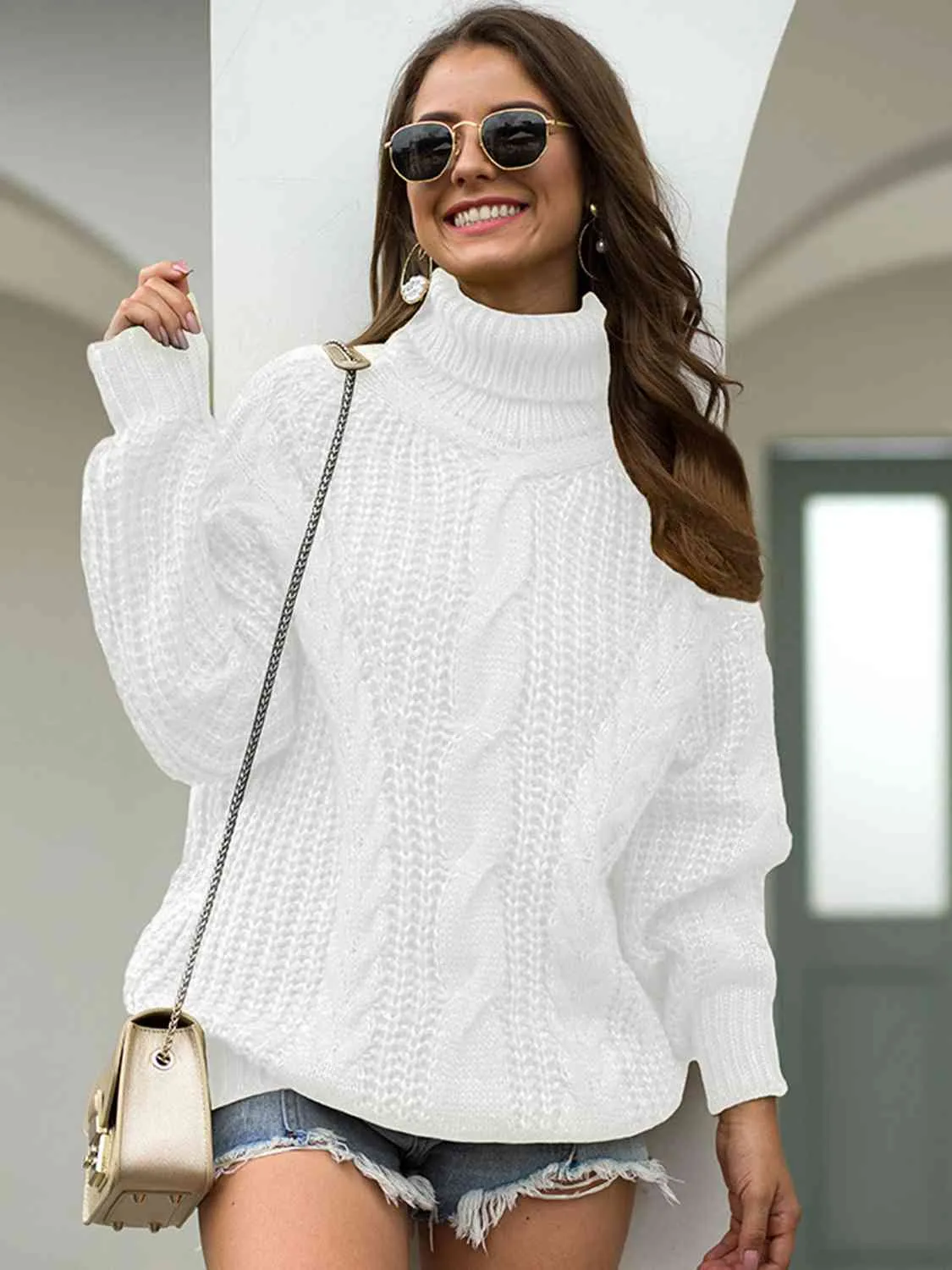 Turtleneck Cable-Knit Dropped Shoulder Sweater