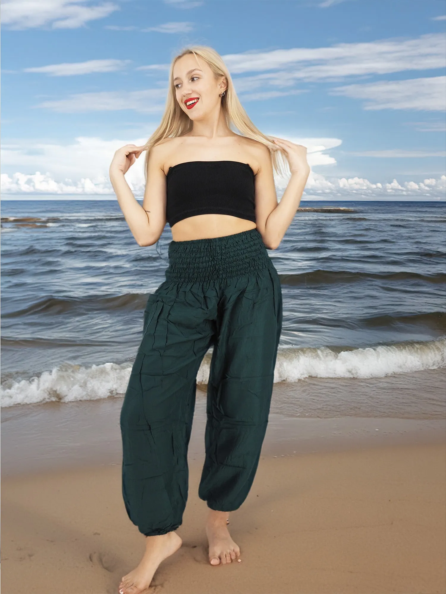 Unisex Harem Yoga Hippie Boho Solid Dark Green L