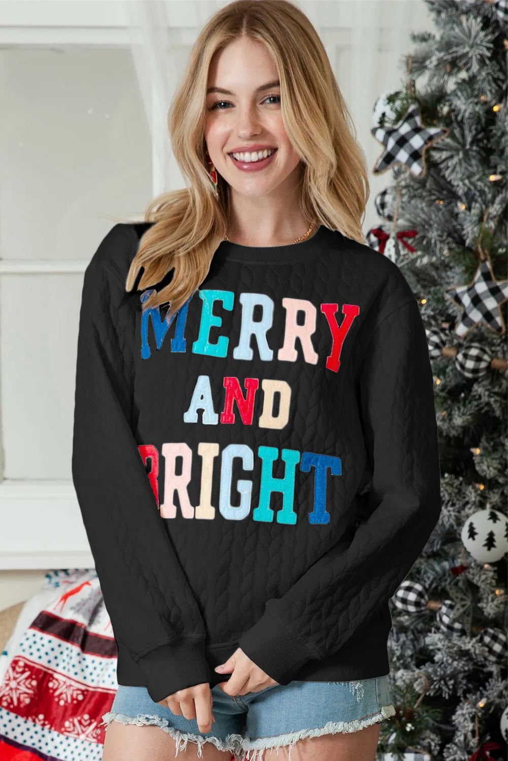 White Merry and Bright Quilted Sweatshirt