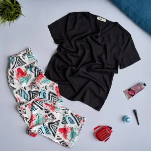 Women summer pajama set Black top   Watermelon Pants