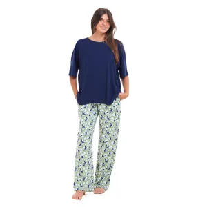 Women summer pajama set Navy Oversized top   Green x blue Flory pants