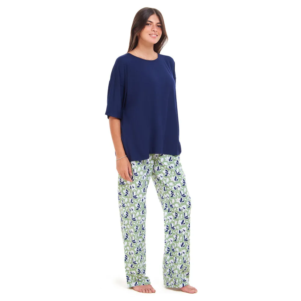 Women summer pajama set Navy Oversized top   Green x blue Flory pants