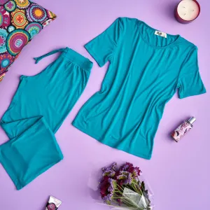 Women summer pajama set Turquoise shirt   Pants